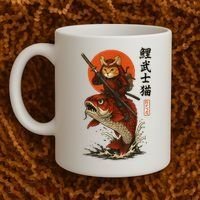 Samurai Cat Riding Koi With Rising Sun  Coffee Mug thumb 2