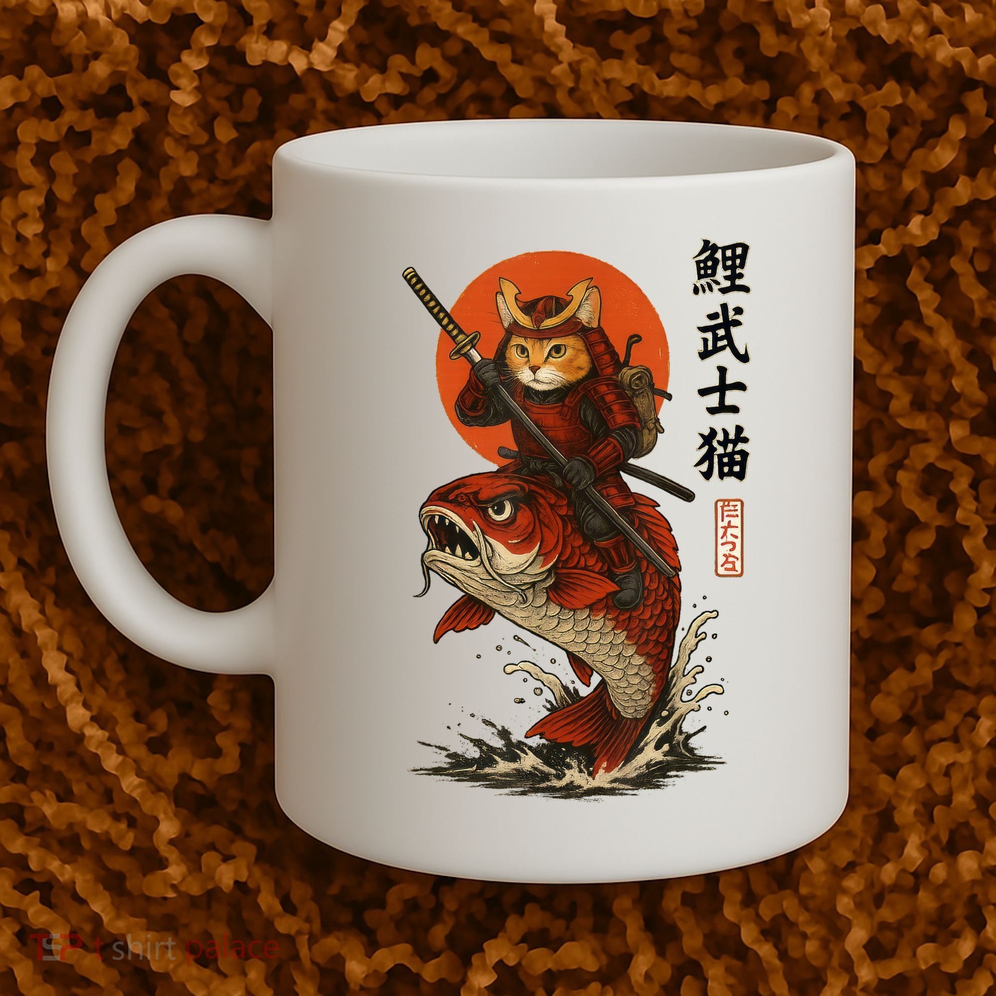 Samurai Cat Riding Koi With Rising Sun  Coffee Mug
