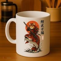 Samurai Cat Riding Koi With Rising Sun  Coffee Mug thumb 4