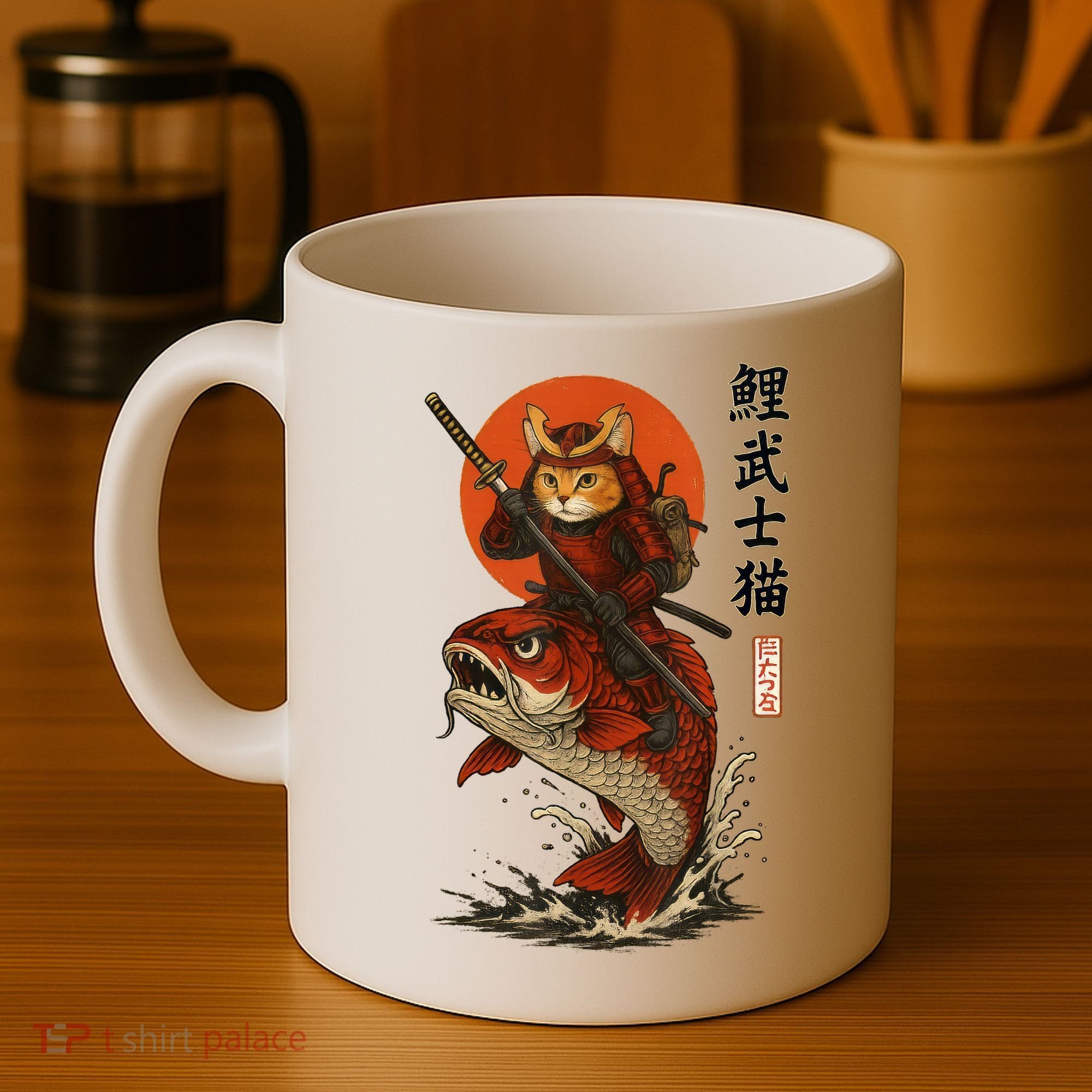 Samurai Cat Riding Koi With Rising Sun  Coffee Mug