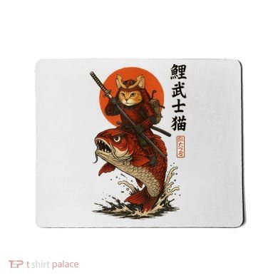Samurai Cat Riding Koi With Rising Sun  Mousepad