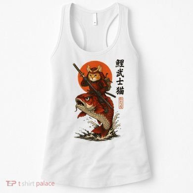 Samurai Cat Riding Koi With Rising Sun  Women's Tank Top