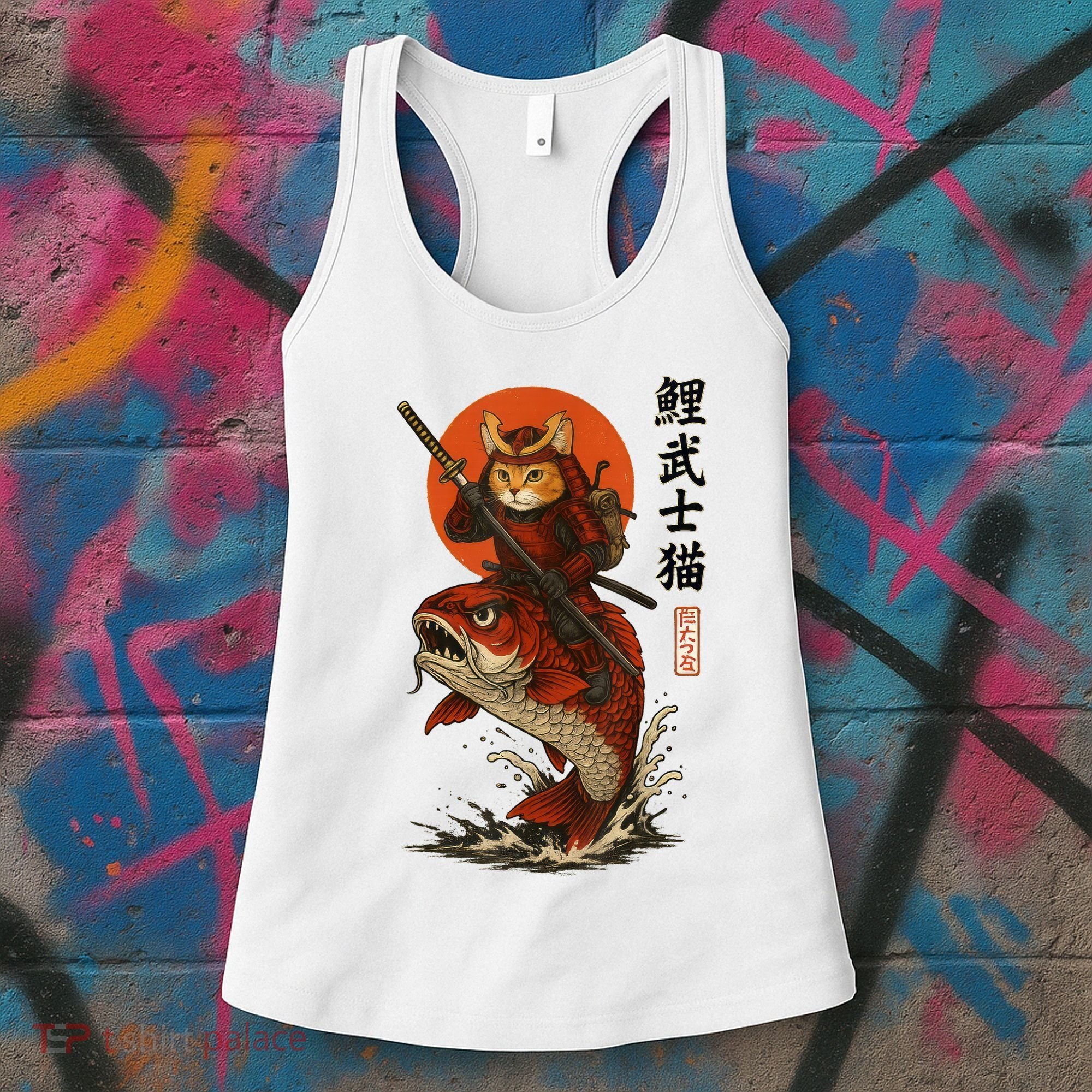 Samurai Cat Riding Koi With Rising Sun  Women's Tank Top
