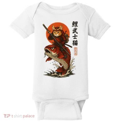 Samurai Cat Riding Koi With Rising Sun  Baby Bodysuit