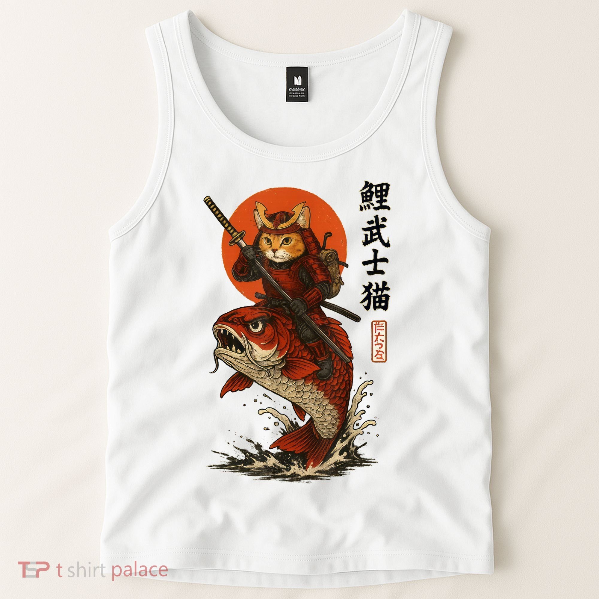 Samurai Cat Riding Koi With Rising Sun  Tank Top