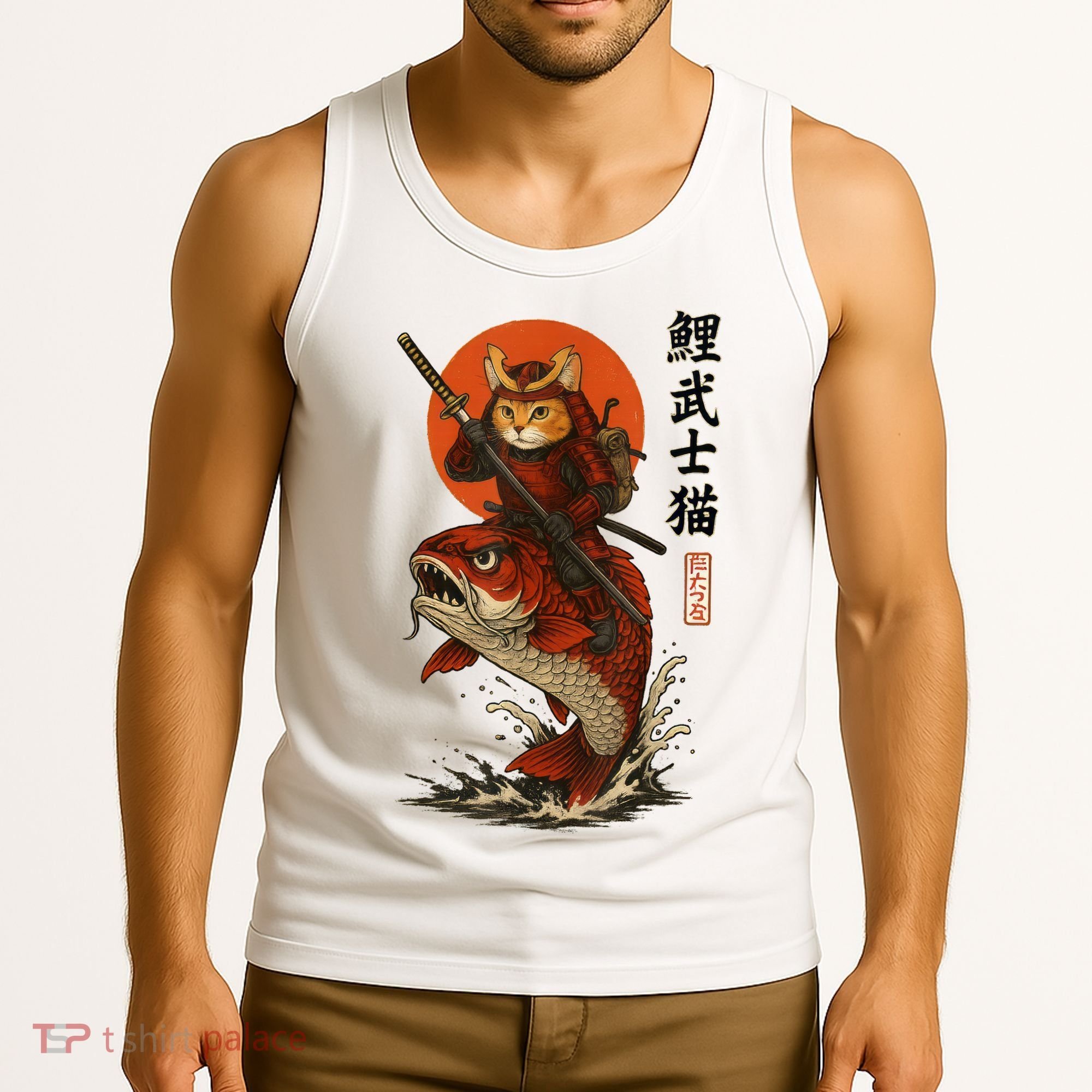 Samurai Cat Riding Koi With Rising Sun  Tank Top