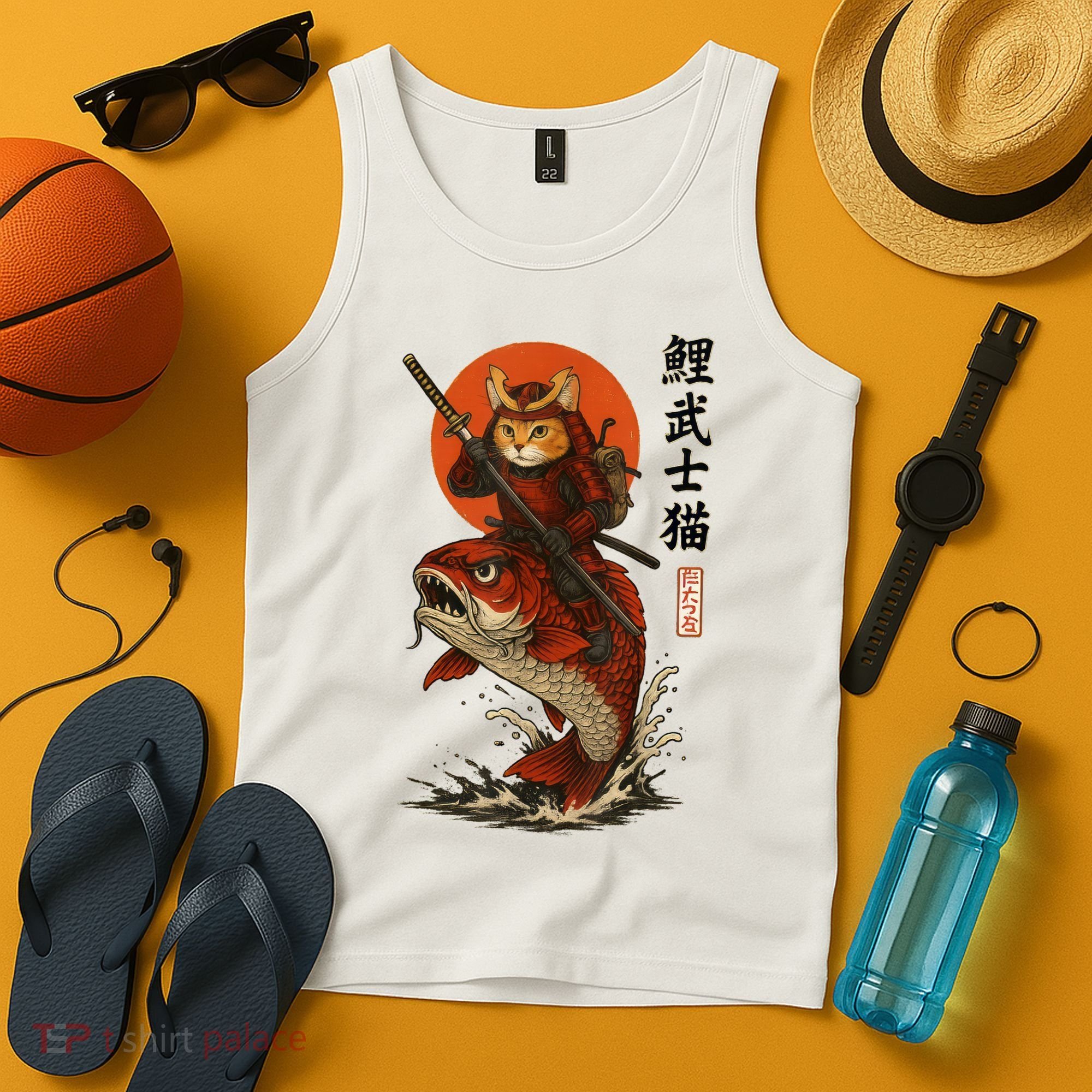 Samurai Cat Riding Koi With Rising Sun  Tank Top
