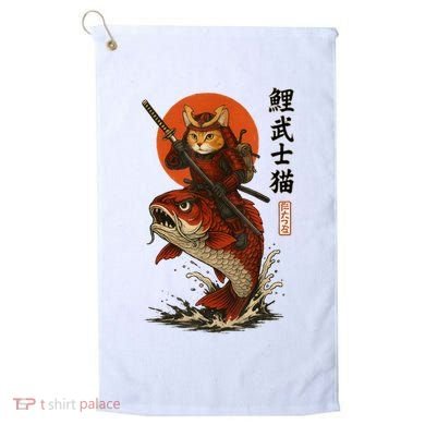 Samurai Cat Riding Koi With Rising Sun  Golf Towel