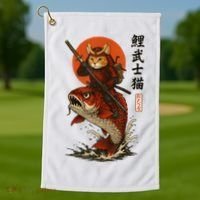 Samurai Cat Riding Koi With Rising Sun  Golf Towel thumb 1