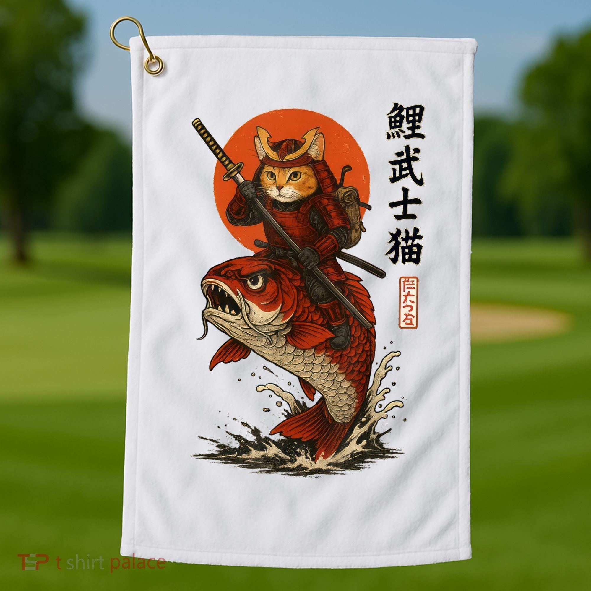 Samurai Cat Riding Koi With Rising Sun  Golf Towel