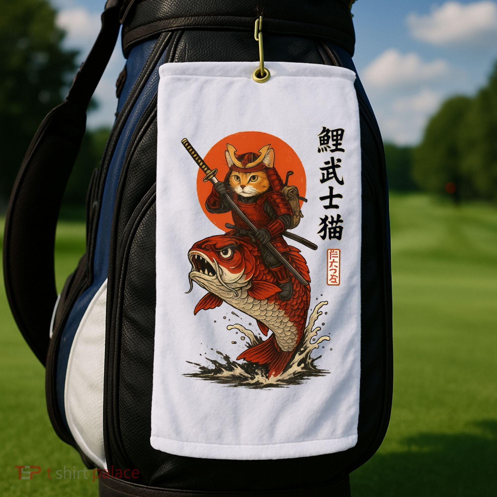 Samurai Cat Riding Koi With Rising Sun  Golf Towel