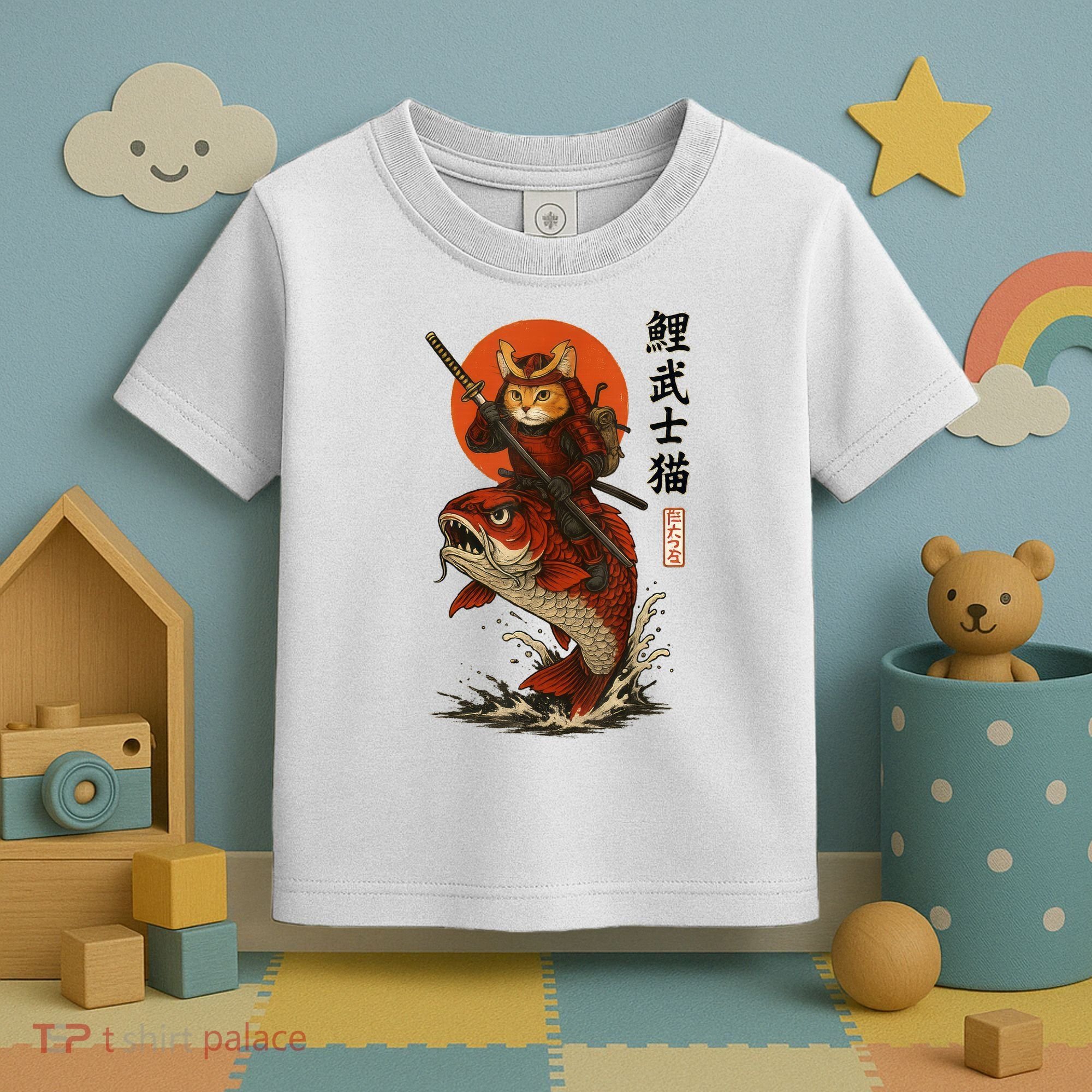 Samurai Cat Riding Koi With Rising Sun  Toddler T-Shirt