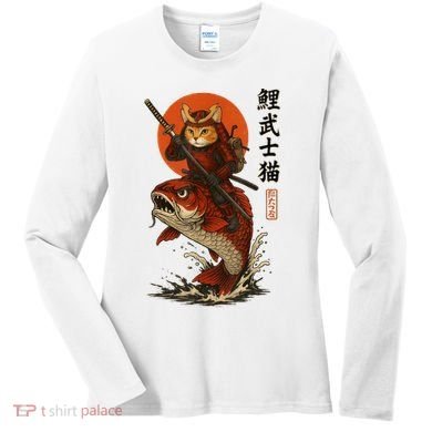 Samurai Cat Riding Koi With Rising Sun  Women's Long Sleeve Shirt