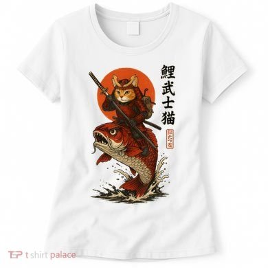 Samurai Cat Riding Koi With Rising Sun  Women's T-Shirt