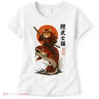 Samurai Cat Riding Koi With Rising Sun  Women's T-Shirt thumb 0