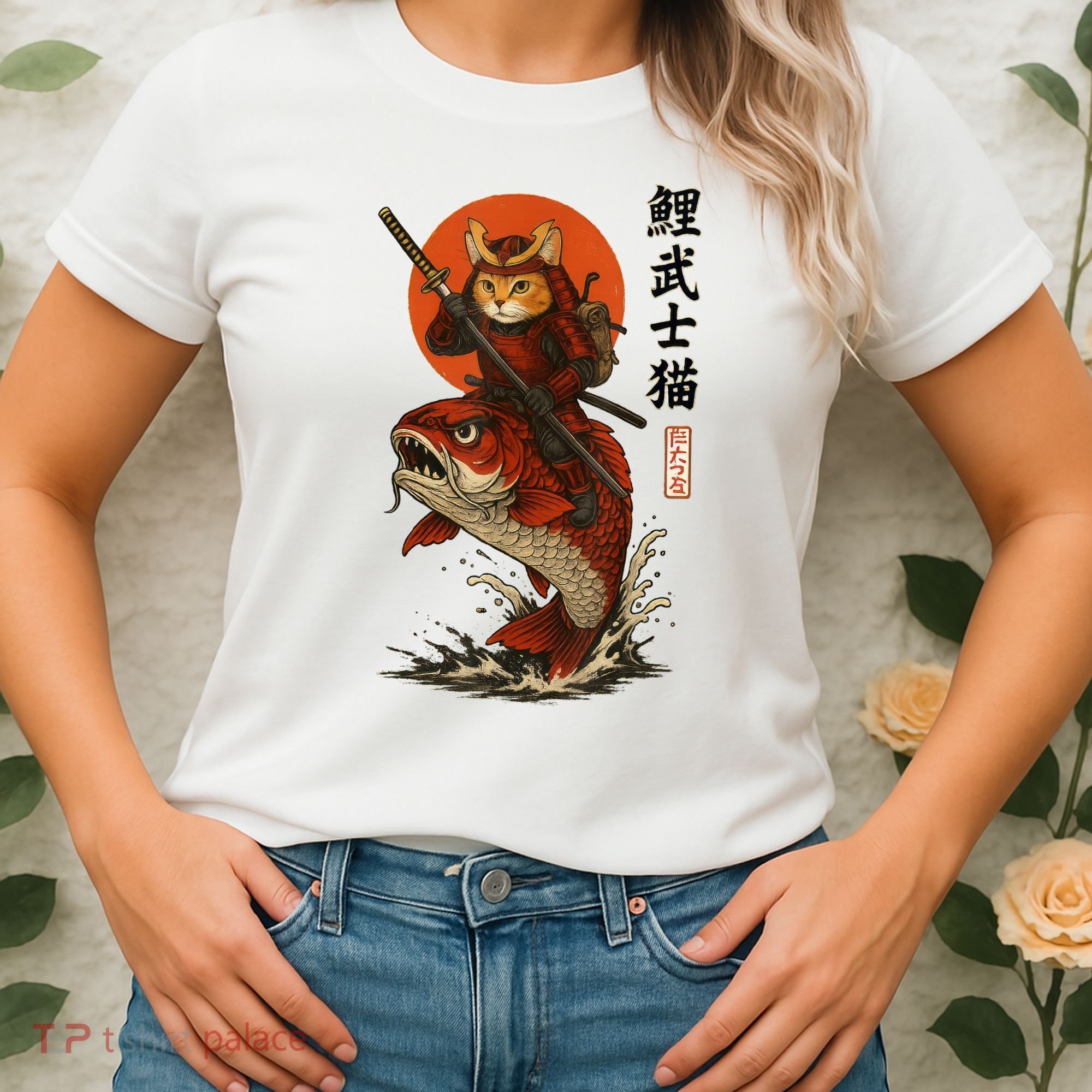 Samurai Cat Riding Koi With Rising Sun  Women's T-Shirt