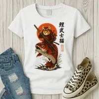 Samurai Cat Riding Koi With Rising Sun  Women's T-Shirt thumb 3