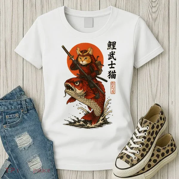 Samurai Cat Riding Koi With Rising Sun  Women's T-Shirt