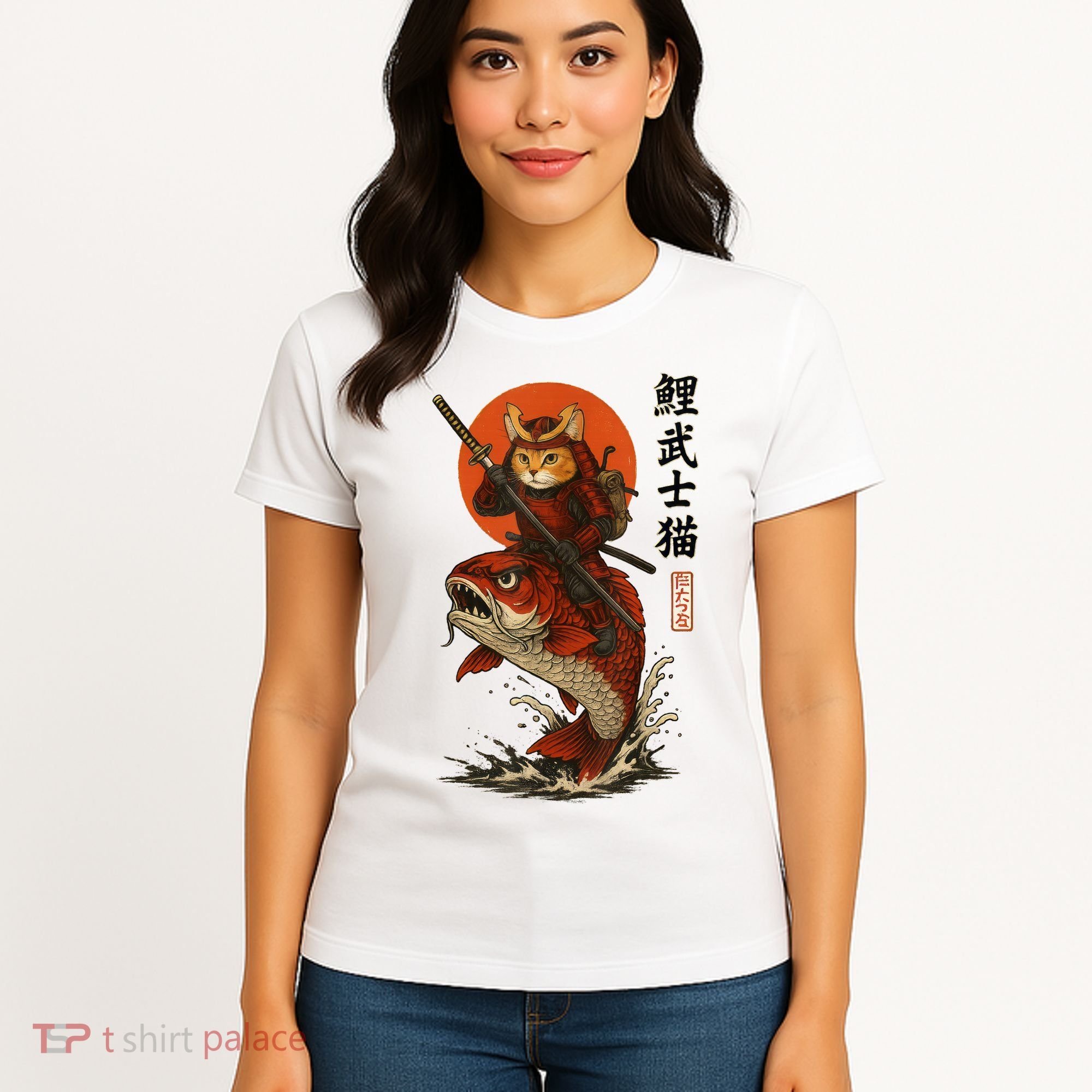 Samurai Cat Riding Koi With Rising Sun  Women's T-Shirt