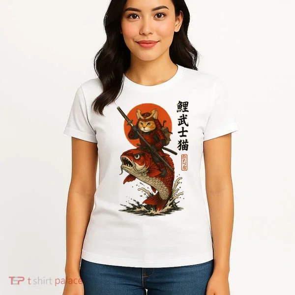 Samurai Cat Riding Koi With Rising Sun  Women's T-Shirt