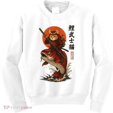 Samurai Cat Riding Koi With Rising Sun  Kids Sweatshirt