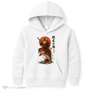 Samurai Cat Riding Koi With Rising Sun  Kids Hoodie