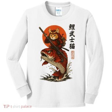 Samurai Cat Riding Koi With Rising Sun  Kids Long Sleeve Shirt