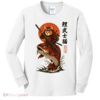 Samurai Cat Riding Koi With Rising Sun  Kids Long Sleeve Shirt thumb 0