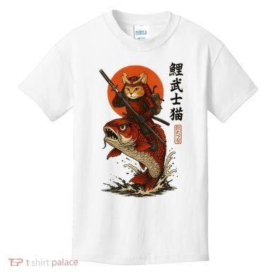 Samurai Cat Riding Koi With Rising Sun  Kids T-Shirt
