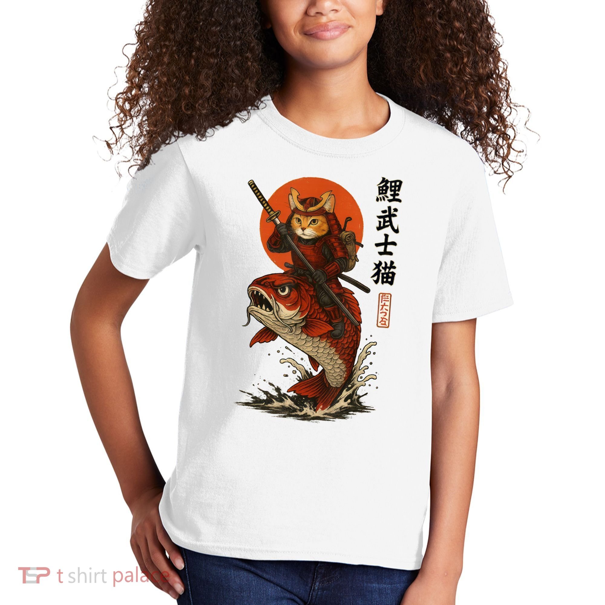 Samurai Cat Riding Koi With Rising Sun  Kids T-Shirt