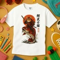 Samurai Cat Riding Koi With Rising Sun  Kids T-Shirt thumb 3
