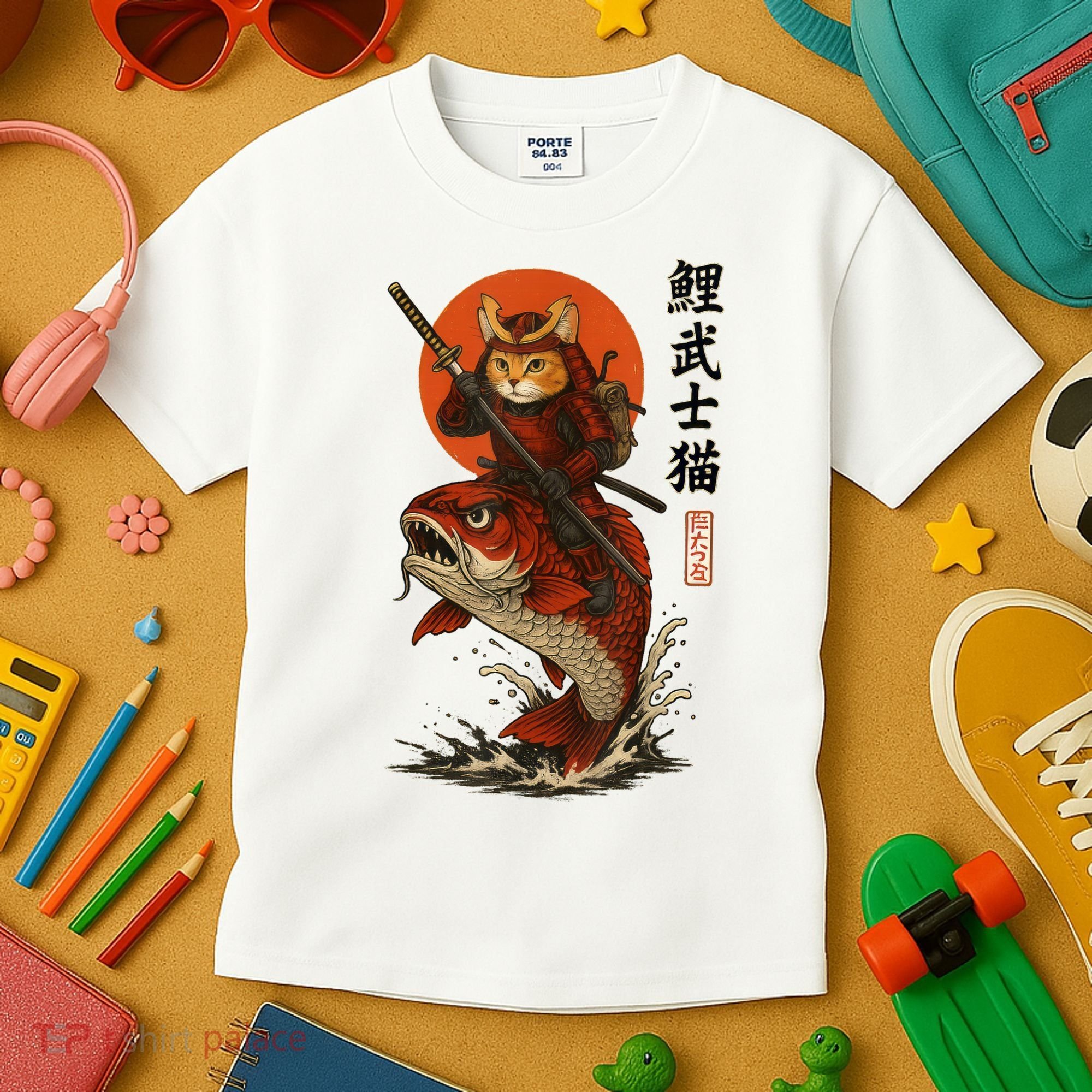 Samurai Cat Riding Koi With Rising Sun  Kids T-Shirt