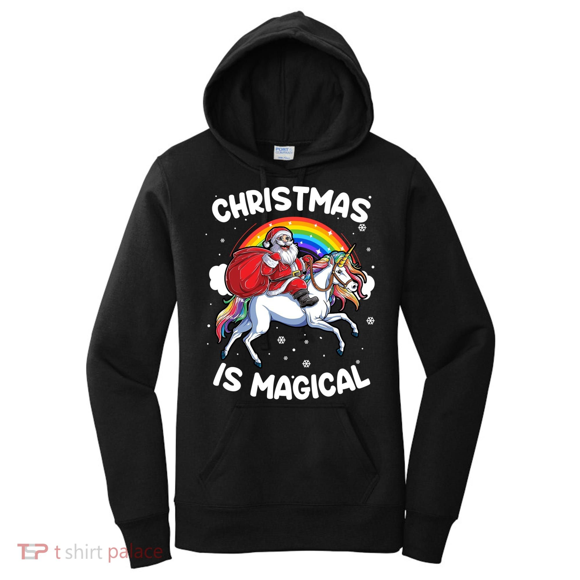 Santa Claus Riding Magical Unicorn Rainbow Funny Christmas Gift Women's Hoodie