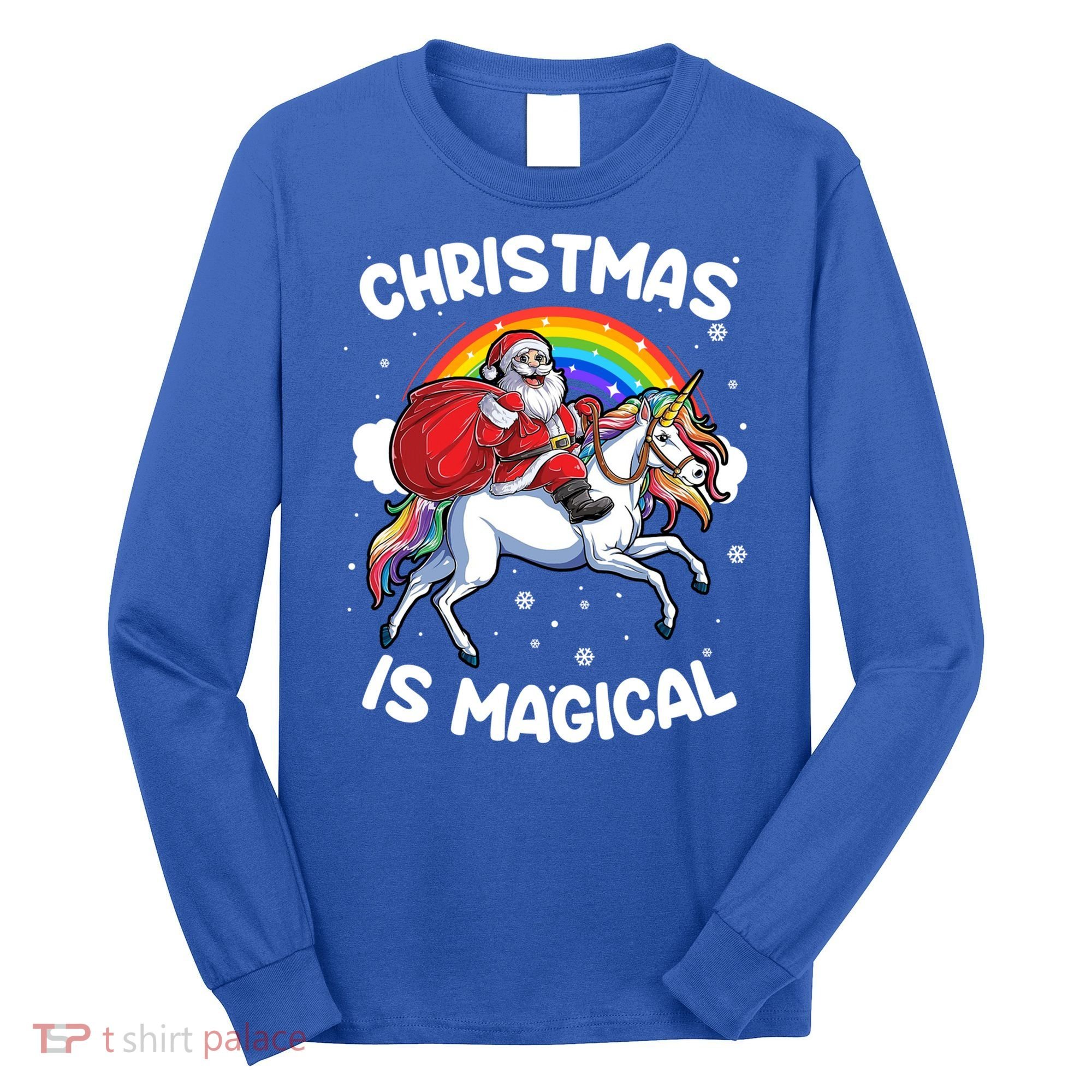 Santa Claus Riding Magical Unicorn Rainbow Funny Christmas Gift Long Sleeve Shirt