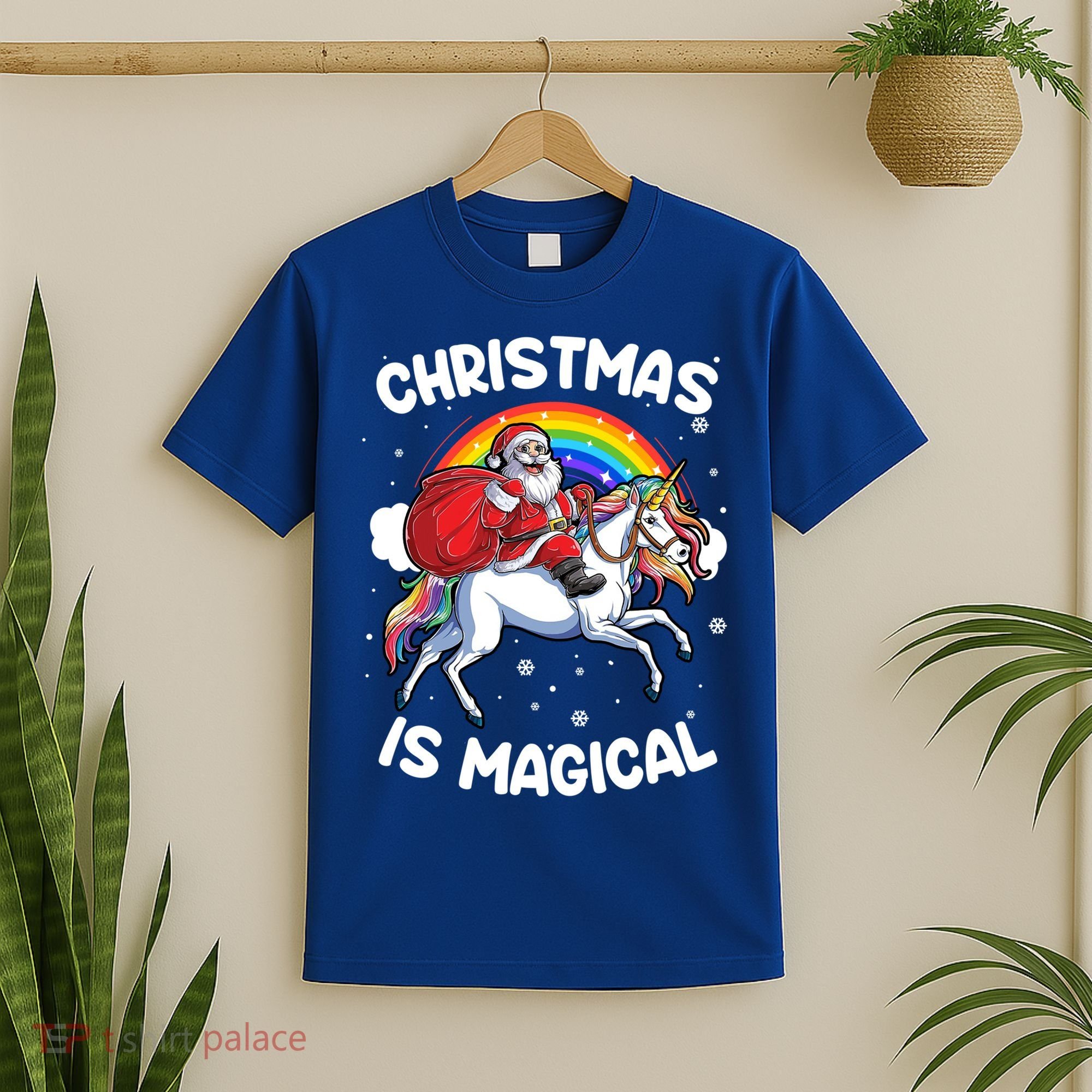 Santa Claus Riding Magical Unicorn Rainbow Funny Christmas Gift T-Shirt