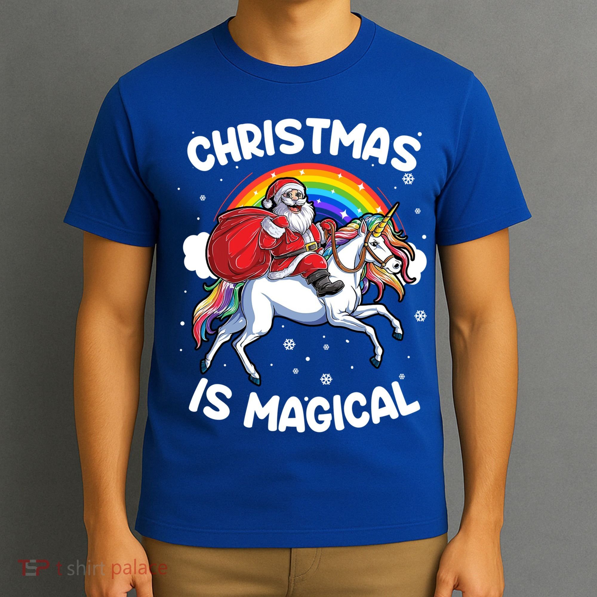 Santa Claus Riding Magical Unicorn Rainbow Funny Christmas Gift T-Shirt