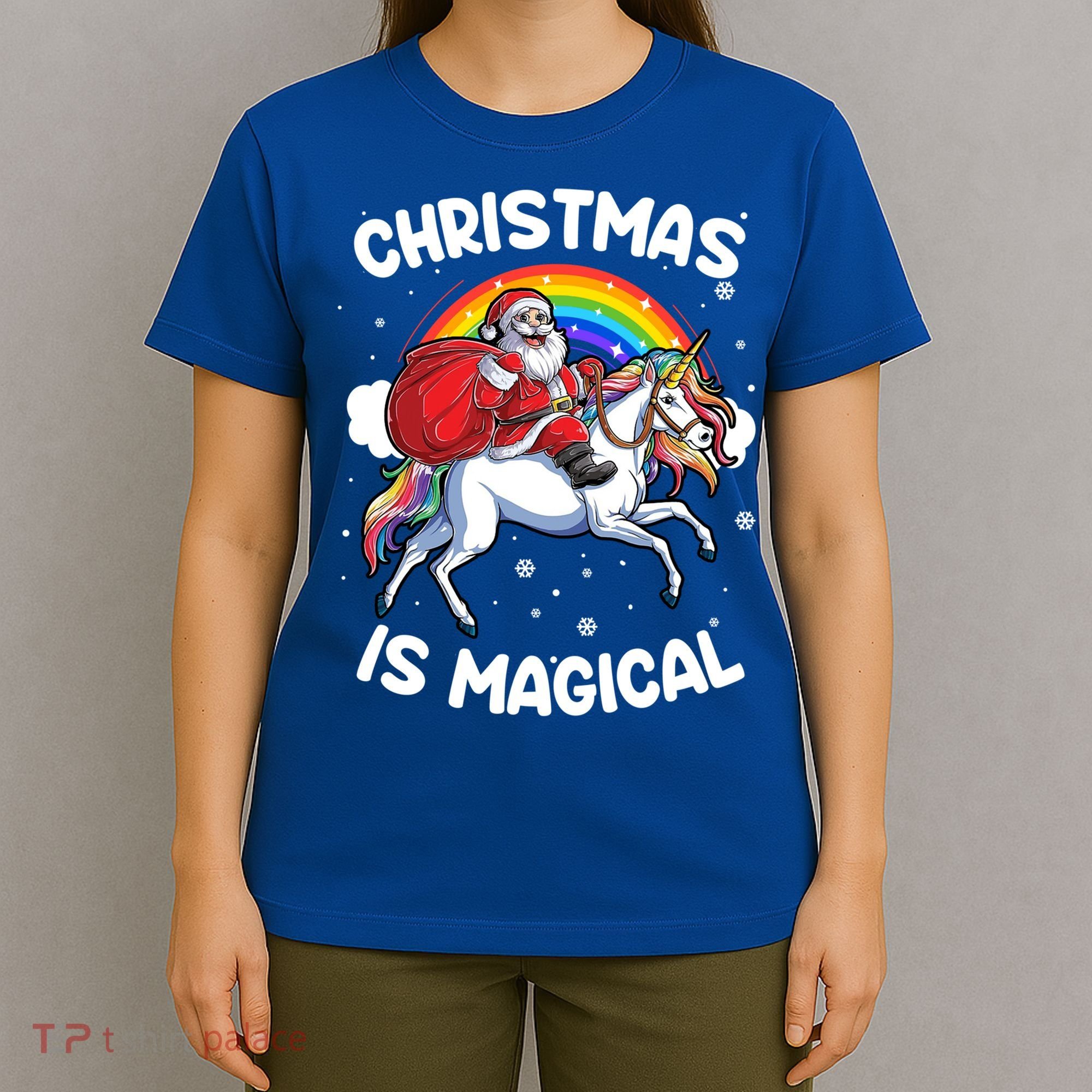 Santa Claus Riding Magical Unicorn Rainbow Funny Christmas Gift T-Shirt