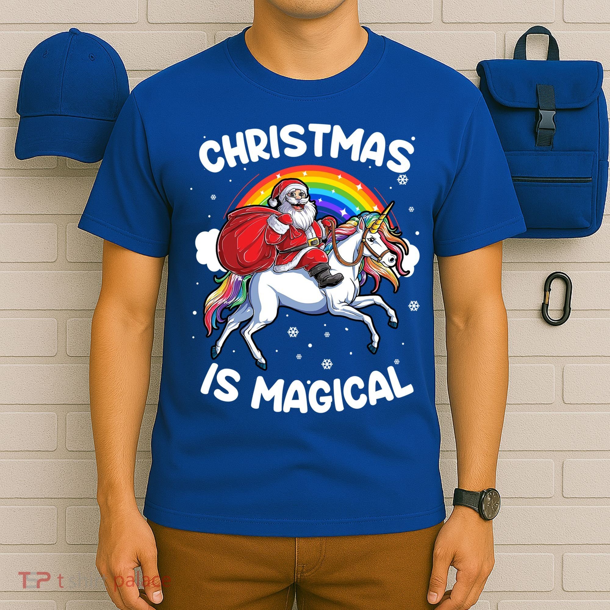 Santa Claus Riding Magical Unicorn Rainbow Funny Christmas Gift T-Shirt