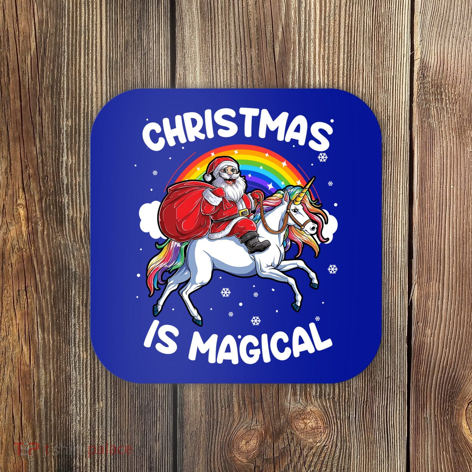 Santa Claus Riding Magical Unicorn Rainbow Funny Christmas Gift Coaster