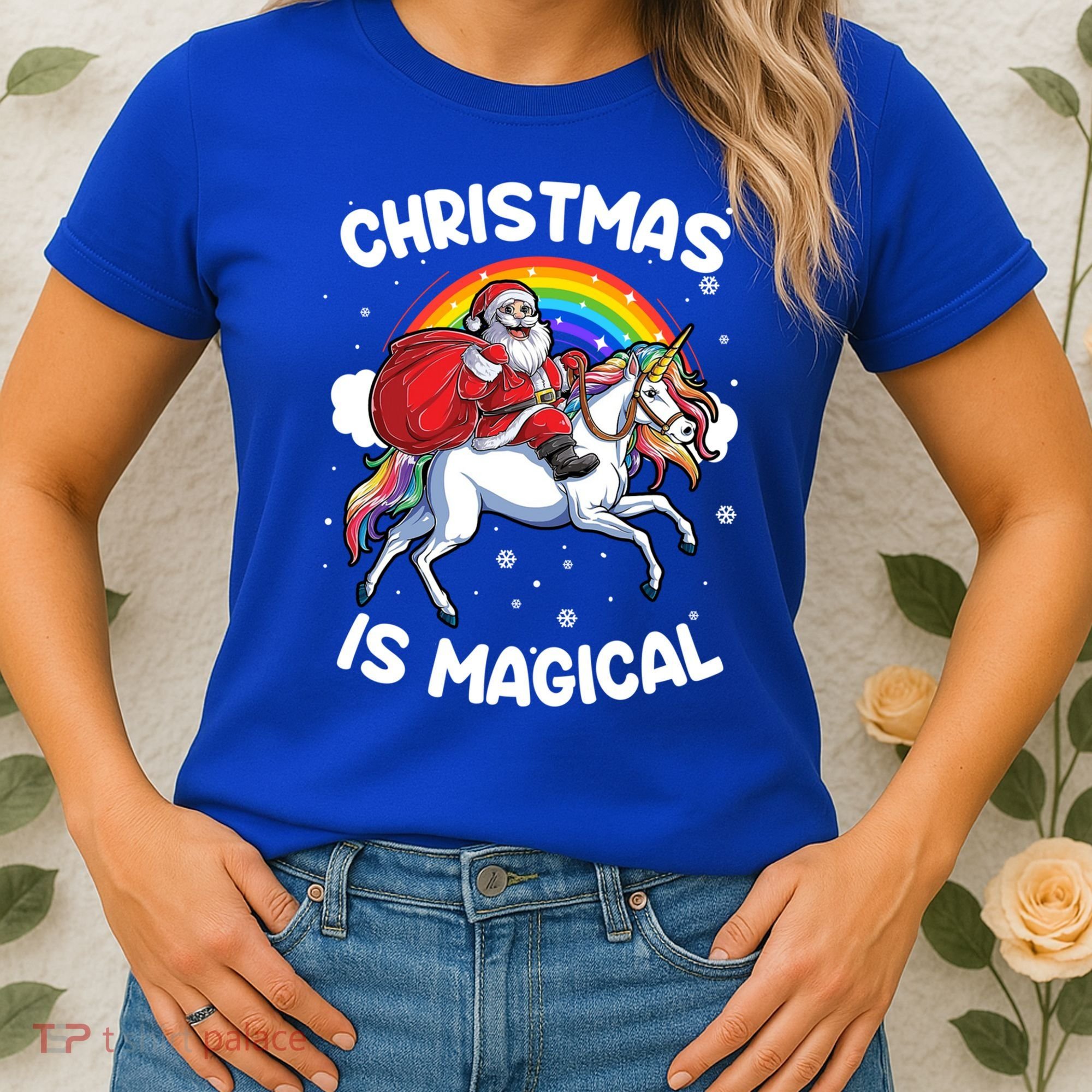 Santa Claus Riding Magical Unicorn Rainbow Funny Christmas Gift Women's T-Shirt