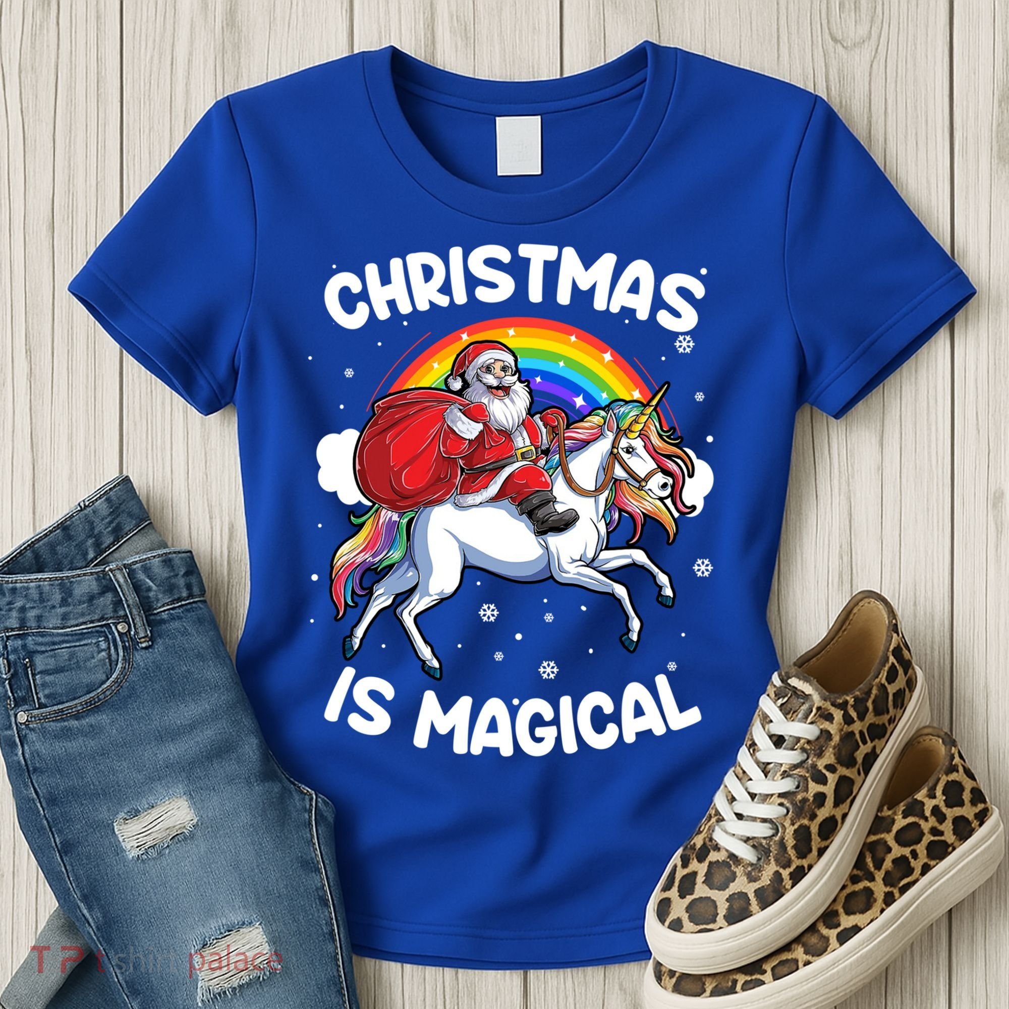 Santa Claus Riding Magical Unicorn Rainbow Funny Christmas Gift Women's T-Shirt