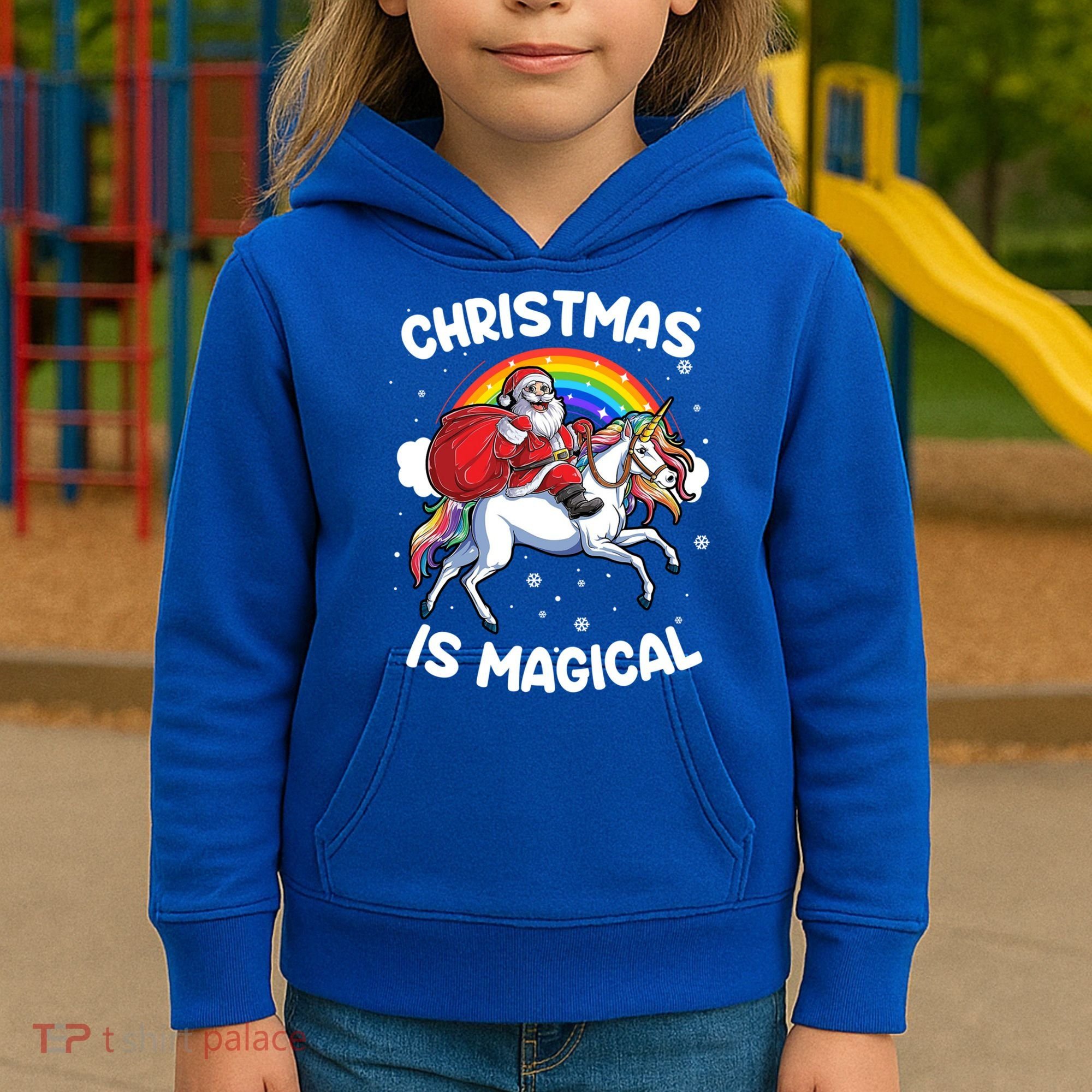 Santa Claus Riding Magical Unicorn Rainbow Funny Christmas Gift Kids Hoodie