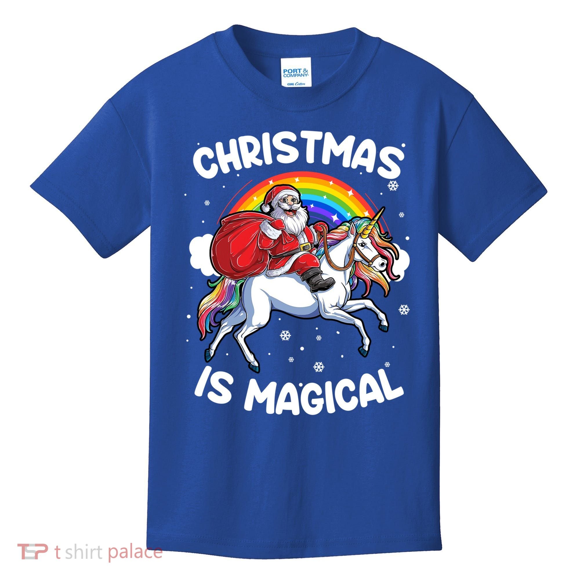 Santa Claus Riding Magical Unicorn Rainbow Funny Christmas Gift Kids T-Shirt
