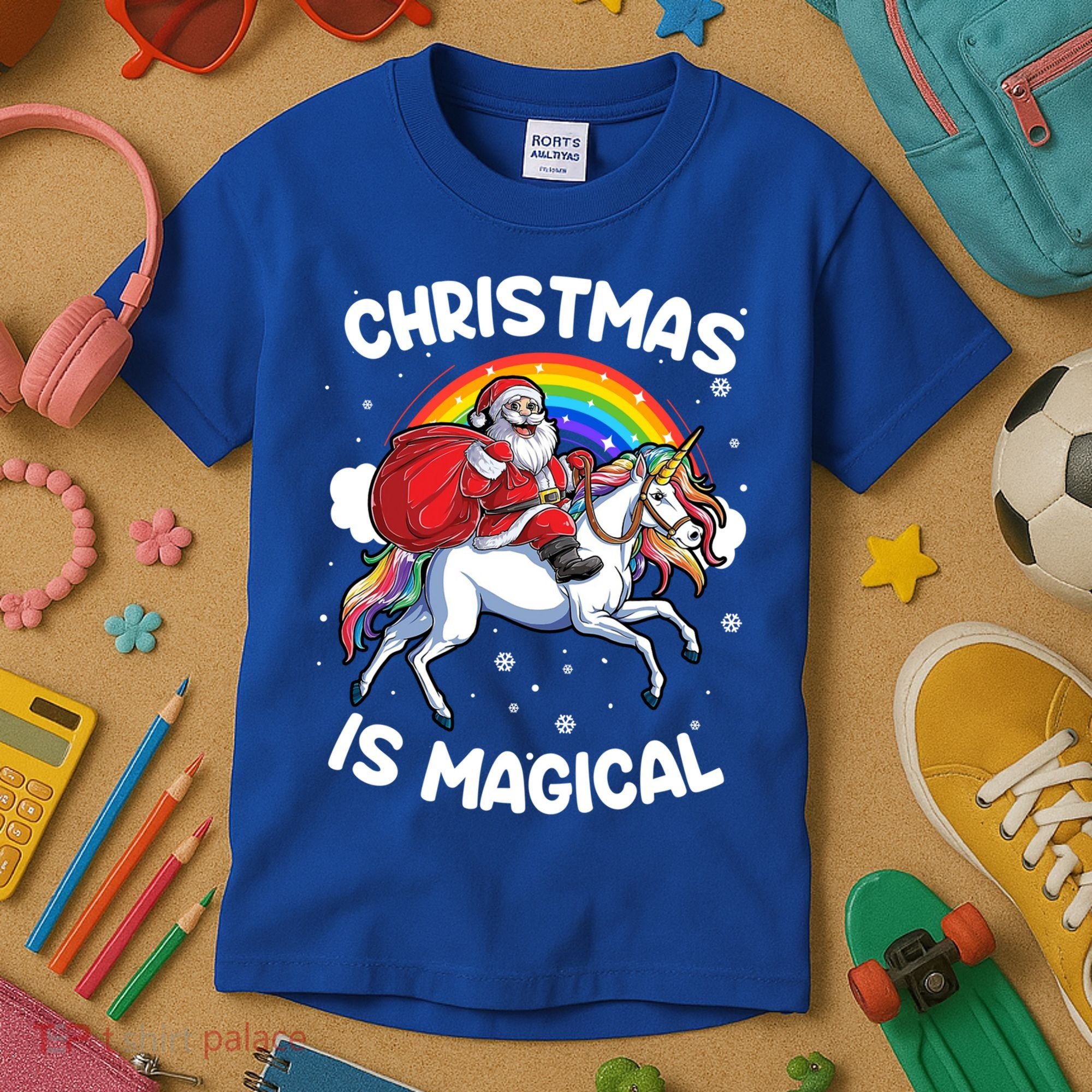 Santa Claus Riding Magical Unicorn Rainbow Funny Christmas Gift Kids T-Shirt