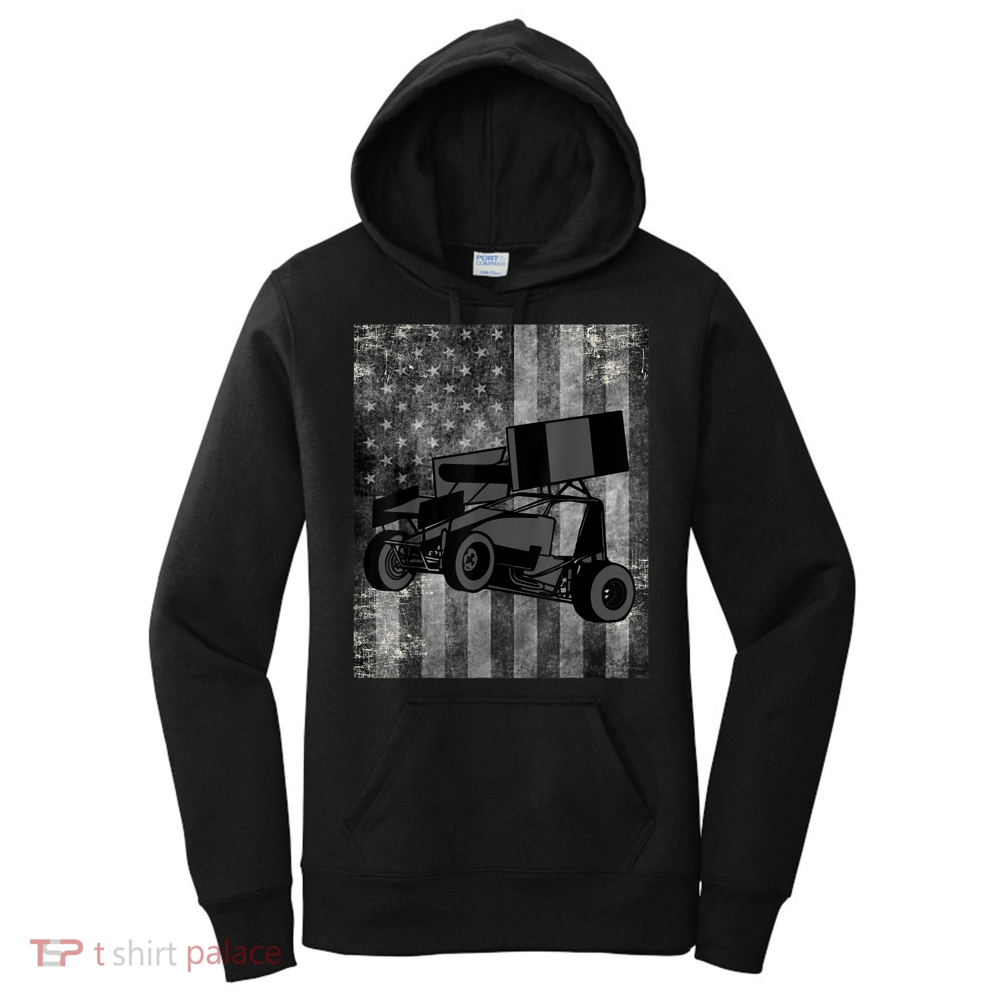 Sprint Car Racing Black Grey American Flag Dirt Track Cars Women's Hoodie