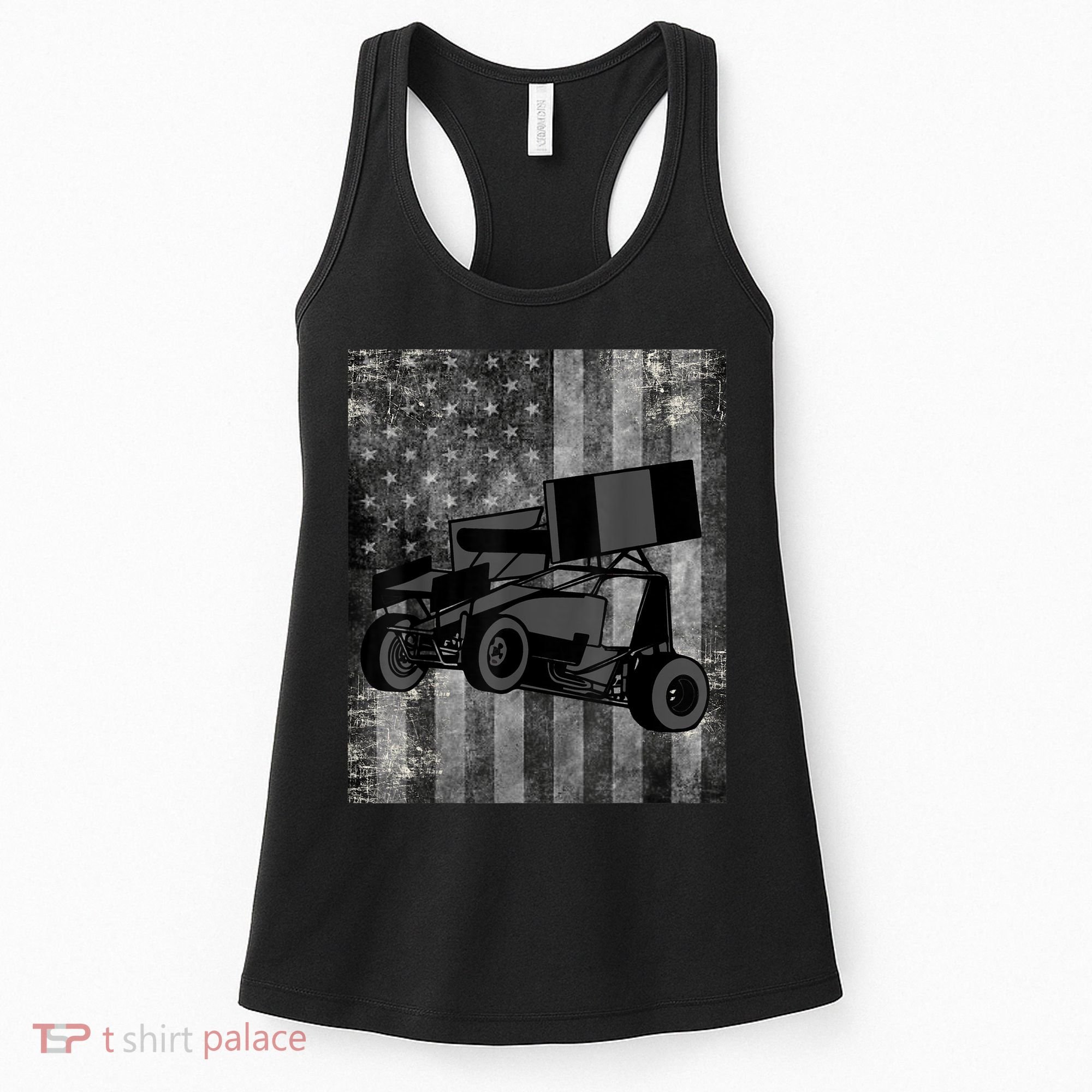 Sprint Car Racing Black Grey American Flag Dirt Track Cars Women's Tank Top