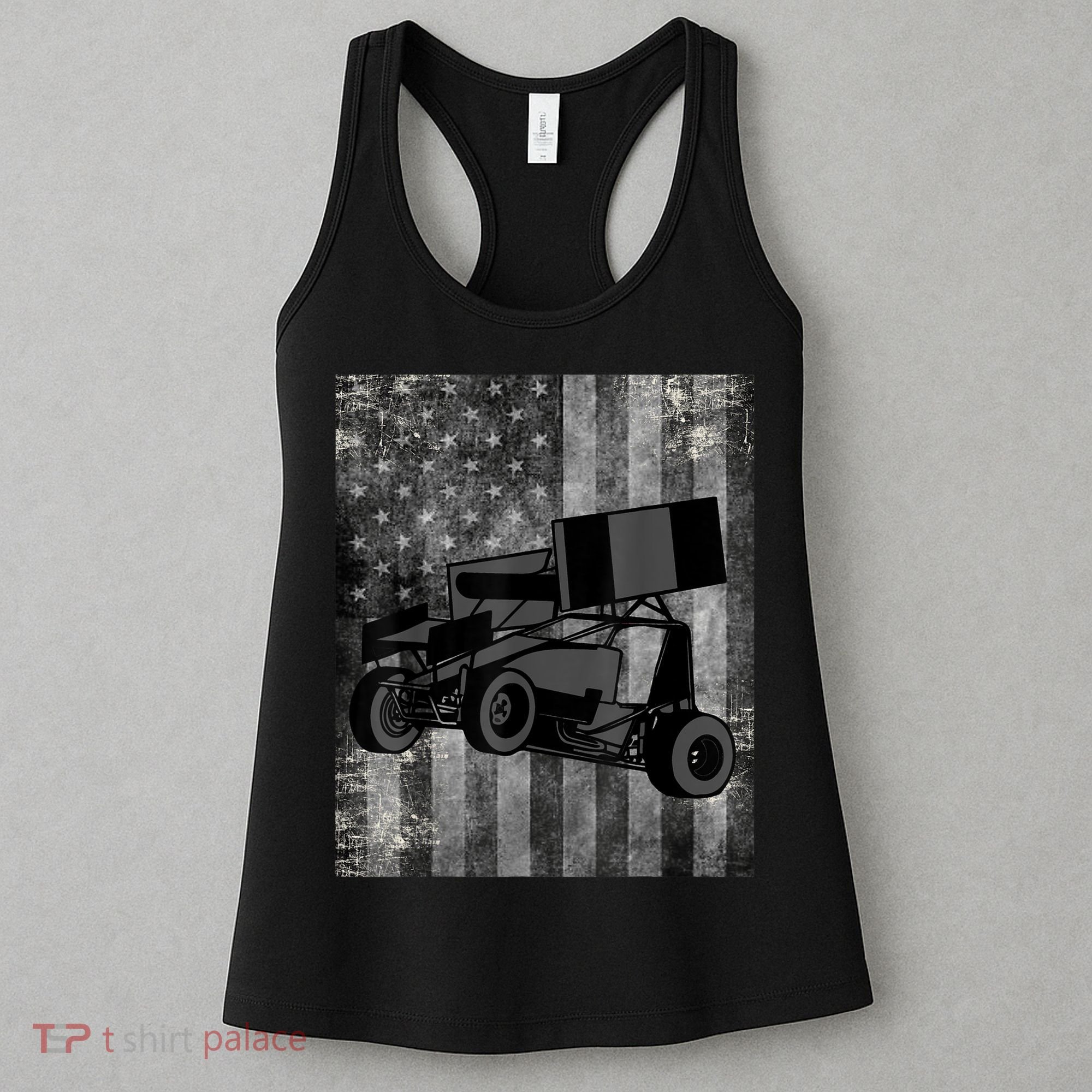 Sprint Car Racing Black Grey American Flag Dirt Track Cars Women's Tank Top