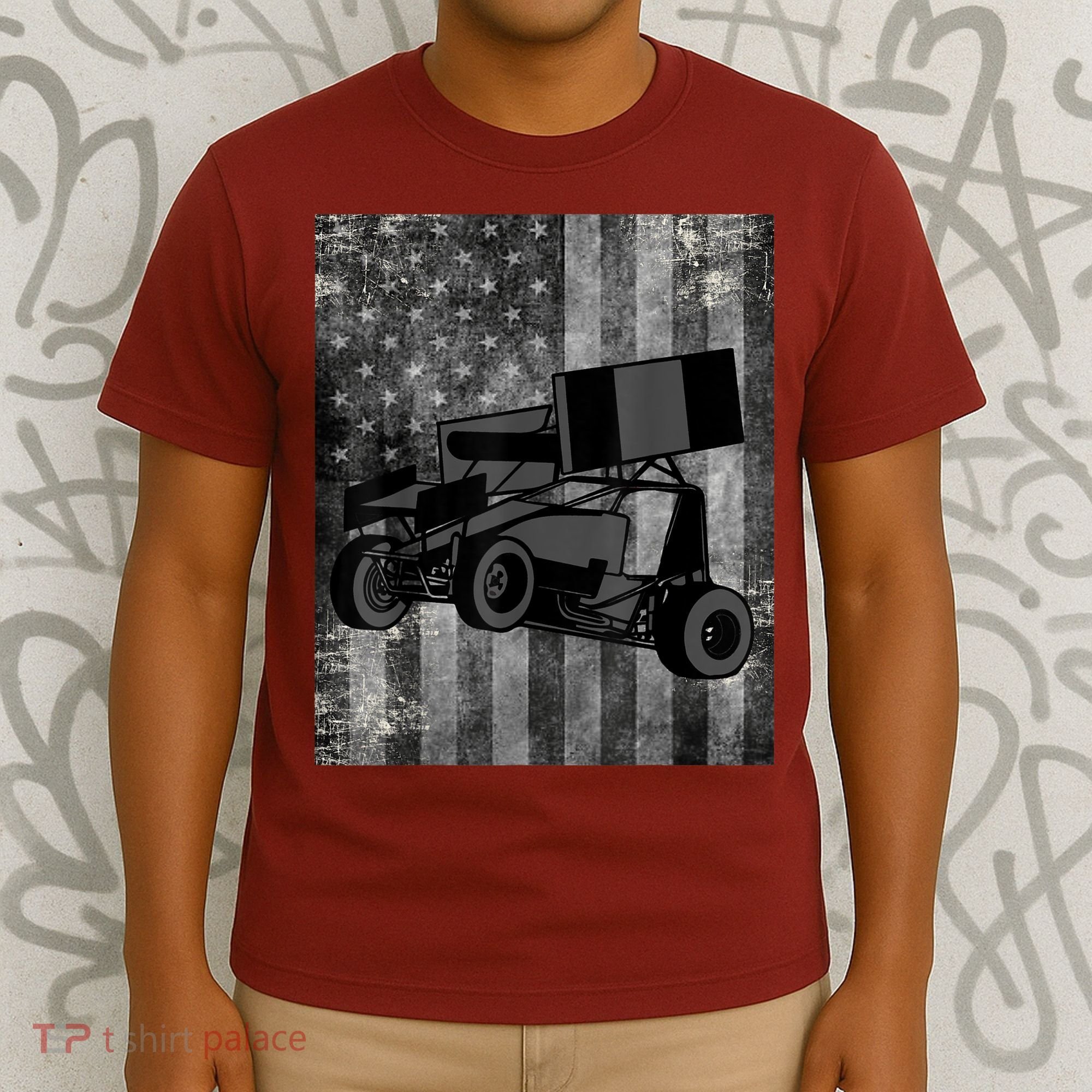 Sprint Car Racing Black Grey American Flag Dirt Track Cars T-Shirt
