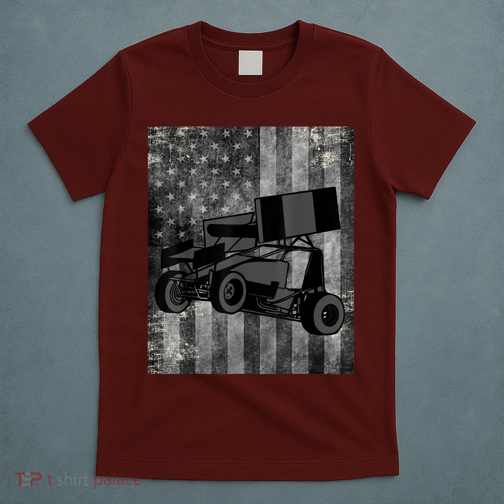 Sprint Car Racing Black Grey American Flag Dirt Track Cars T-Shirt