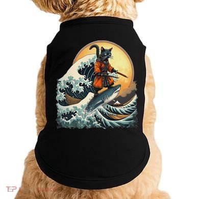 Samurai Cat Riding Shark Epic Wave Cat Lovers Costume Doggie Tank